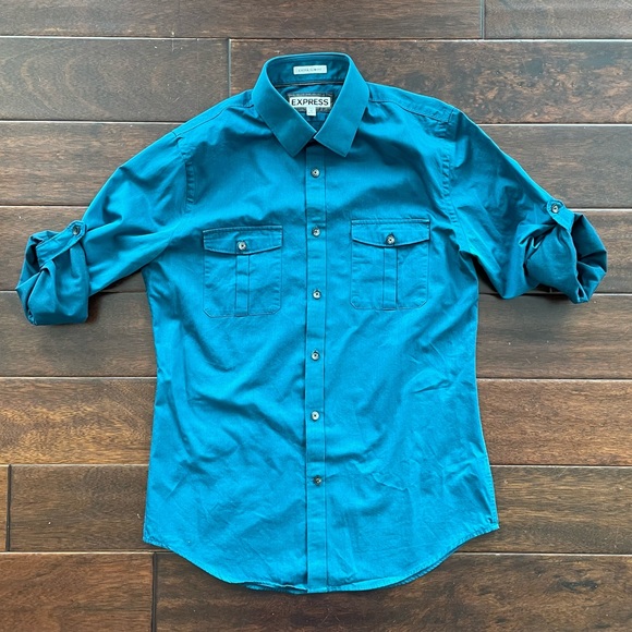 Express Slim Fit Teal Blue Button Down Mens Shirt Size Medium 15-15 1/2 - Picture 3 of 7